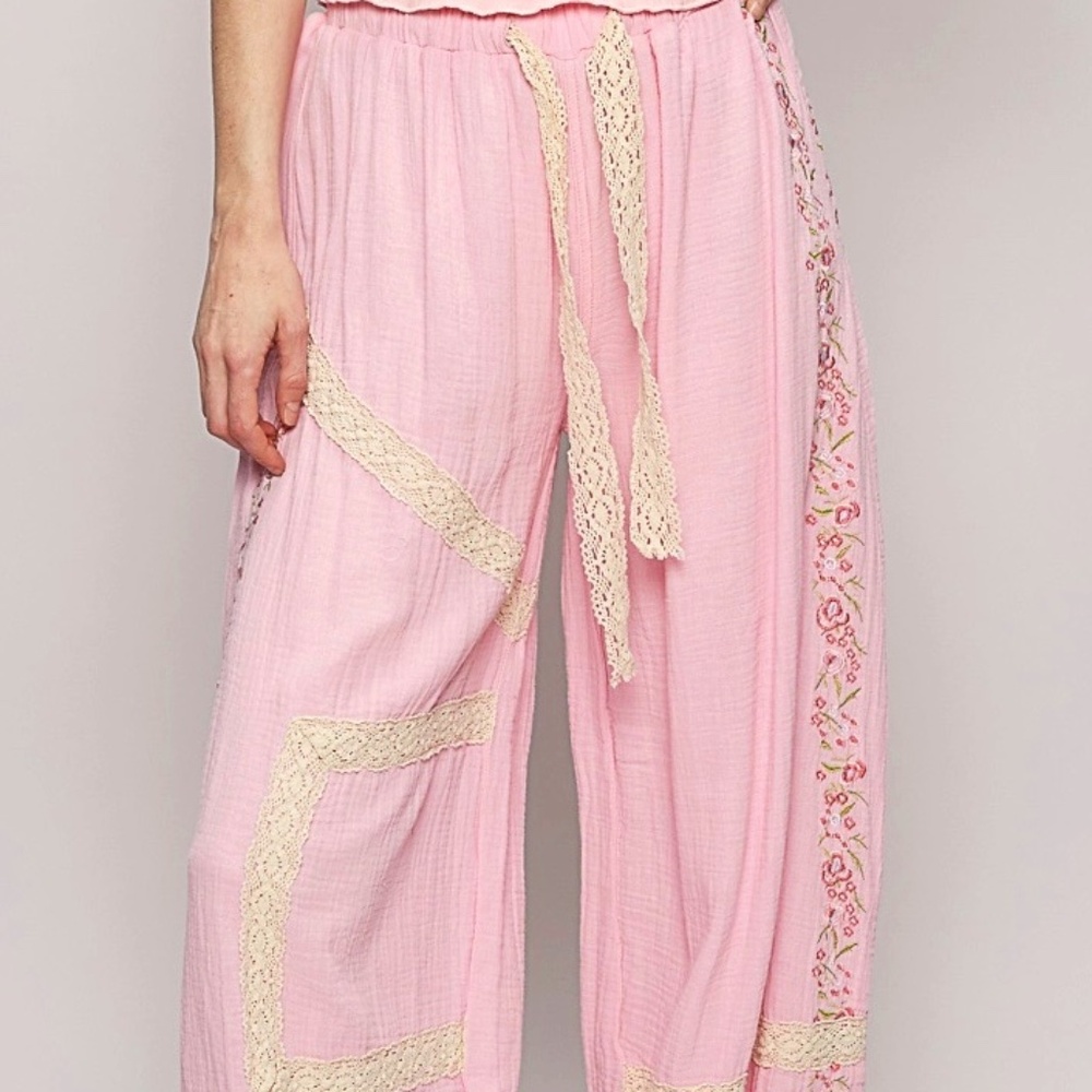 🔥050 NWOT Vintage Washed Embroidery Trim Point Gauze Jogger Pants